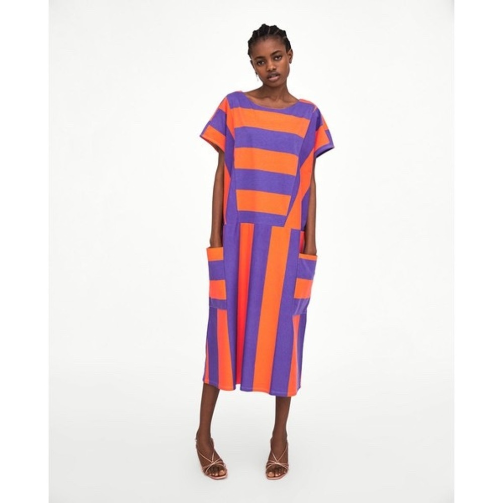 Zara Trafaluc Orange Purple Striped Midi Dress Geometric Patch Pockets Relaxed
